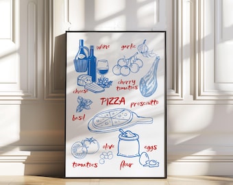 Póster retro de pizza azul y roja, decoración de pared para cocina imprimible