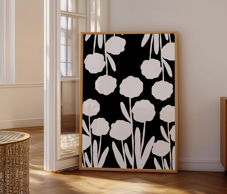 Black and White Abstract Flower Wall Art, Printable Minimalist