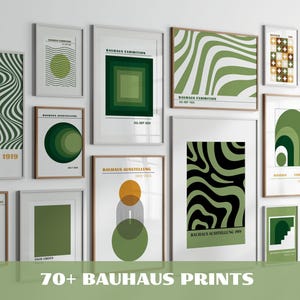 Grünes Bauhaus-Wandkunst-Set: 70 abstrakte Kunstdrucke im Mid-Century-Modern-Stil, digitaler Download