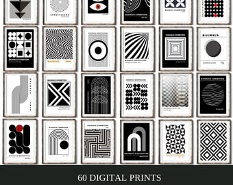 Black White Wall Art Set 60 Bauhaus Abstract Prints, Mid Century Modern Posters Printable