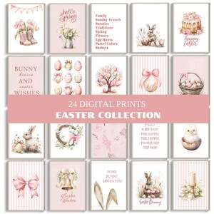 Pode incluir: Um conjunto de 24 impressões digitais com ilustrações de aquarela de coelhos da Páscoa, ovos, flores e outras imagens com tema de primavera. As impressões estão em uma paleta de cores pastel e apresentam uma variedade de designs, incluindo coelhos com laços, ovos em cestas e um coelho segurando uma cesta de ovos. O texto "24 impressões digitais Coleção de Páscoa" é exibido no centro da imagem.