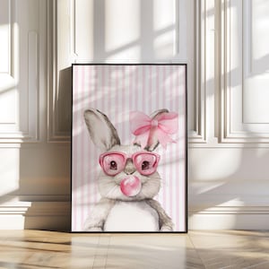 Rosa Hase als kokette Wandkunst - Süßer Kaugummi Hase Print - Verspielte Kinderzimmer oder Wohnheim Dekoration - Digital Download Poster