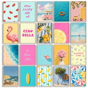 May include: A collection of framed art prints with a summer theme. The prints feature various illustrations, including watermelon slices, a pink flamingo, a vintage van, lemons, and beach scenes. Some prints include text like "How Lucky Are We" and "Summer Vibe."