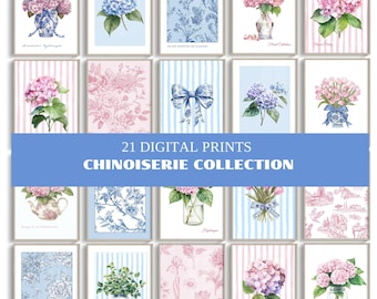 Conjunto de parede da galeria Chinoiserie 21 impressões imprimíveis – Arte em aquarela de hortênsia rosa e azul – Dopamine Decor