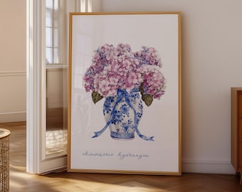 Impressão de hortênsia – Arte de parede em vaso azul chinoiserie – Pôster de flores botânicas para impressão – Download digital