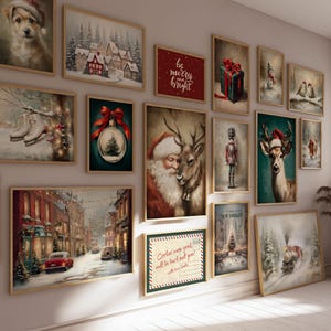 May include: A collection of framed Christmas-themed art prints. The prints feature winter scenes, Santa Claus, reindeer, and holiday ornaments. The color palette includes reds, greens, and whites, creating a festive atmosphere. The prints are displayed on a light-colored wall.