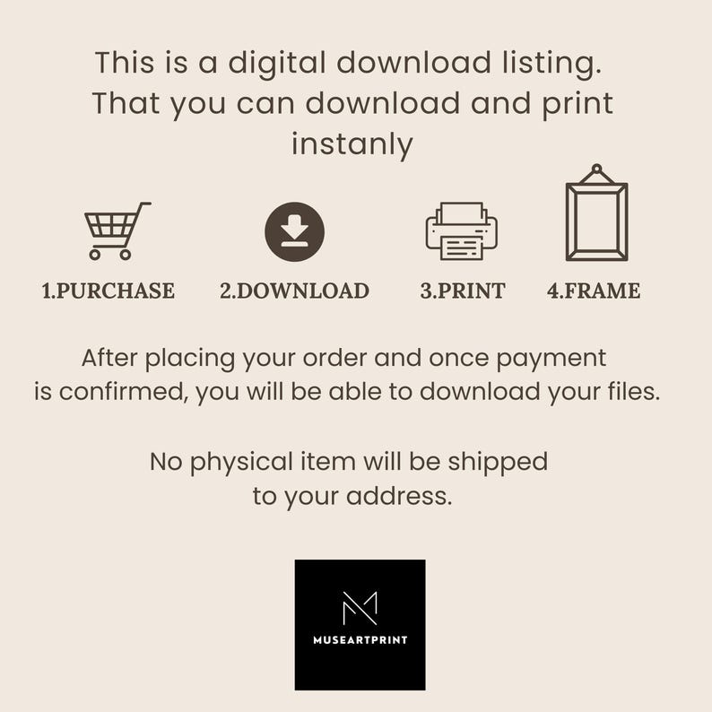 May include: A beige graphic with text explaining a digital download process: purchase, download, print, and frame. Includes icons for each step. The Muse Art Print logo is at the bottom.