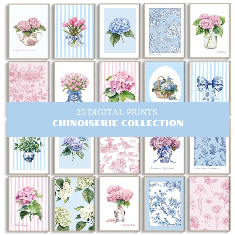 Hydrangea Wall Art Set 25 Prints, Pink Blue Chinoiserie Floral Gallery ...