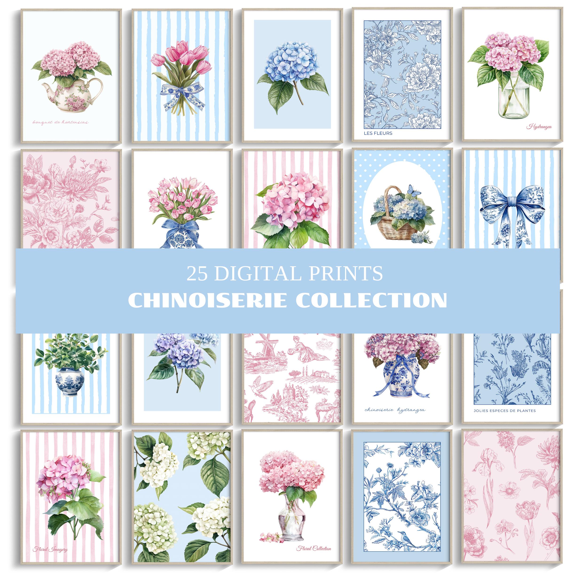 Hydrangea Wall Art Set 25 Prints, Pink Blue Chinoiserie Floral Gallery ...