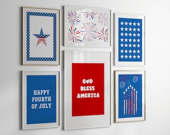 Set di 6 stampe patriottiche da parete per il 4 luglio, decorazioni stampabili per il Giorno dell'Indipendenza.