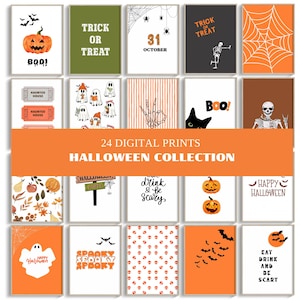 May include: A set of 24 digital Halloween prints. The prints showcase Halloween imagery such as pumpkins, ghosts, bats, skeletons, and phrases like "Trick or Treat," "Boo!," and "Happy Halloween." The collection is framed.