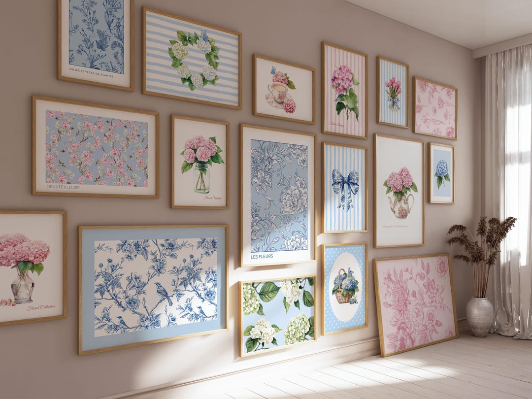 Hydrangea Wall Art Set 25 Prints, Pink Blue Chinoiserie Floral Gallery ...