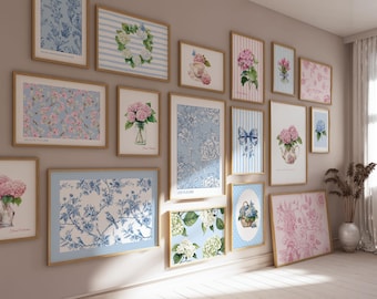 Hydrangea Wall Art Set 25 Prints, Pink Blue Chinoiserie Floral Gallery Download