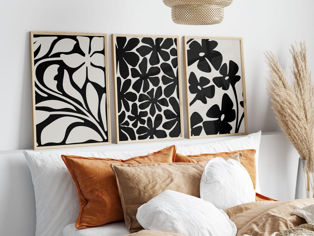Black Abstract Botanical 3 Piece Wall Art: Flower Market Prints Digital ...