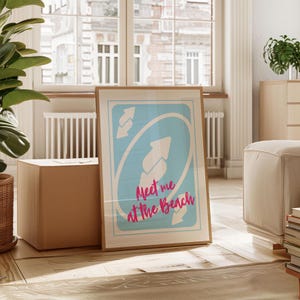 Meet Me At The Beach-speelkaartprint – lichtblauwe en roze beachy muurkunst – digitale downloadposter