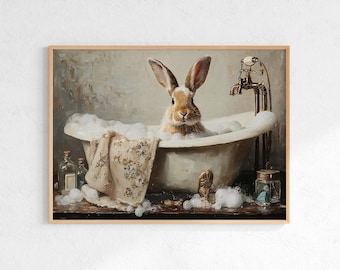 Vintage Bunny Bathroom Poster - Printable Muted Rabbit Cottagecore Wall Art