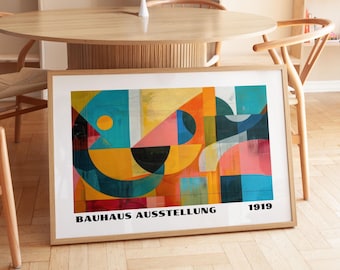 Colorful Horizontal Bauhaus Exhibition Poster. Mid Century Modern Wall Decor. Above Couch Art. Eclectic Wall Art. Digital Download Print