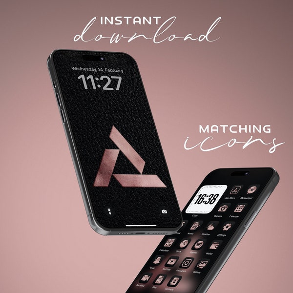 Chic Dark Leather & Rose Gold iPhone and Watch Wallpaper, Complete Style Kit, Wallpapers Plus Matching Icons, Instant Makeover