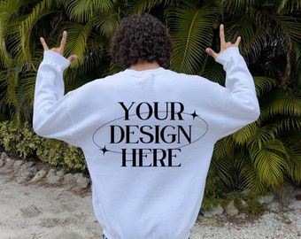Back Mockup 18000 White, Beach Mockup Gildan 18000 White, Outdoor Mockup, White Sweater mockup, 18000 White Mockup, Trendy Oversized Mockup