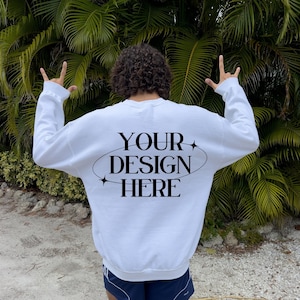 Back Mockup 18000 White, Beach Mockup Gildan 18000 White, Outdoor Mockup, White Sweater mockup, 18000 White Mockup, Trendy Oversized Mockup