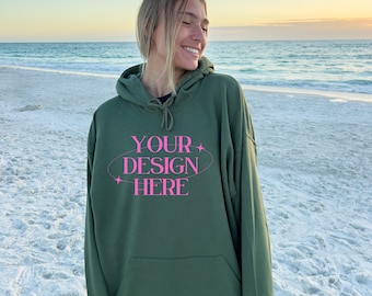 Military Green 18500 Mockup, Outdoor Beach Mockup, Oversized Hoodie Mockup, 18500 Military Green Mockup, Trendy Mockup, G18500 Mockup