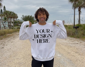 White Sweater Mockup, Gildan 18000 White Mockup, Beach Mockup, Outdoor Mockup, 18000 White Mockup, Trendy Oversized Mockup, Male Mockup