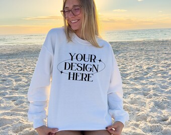 Gildan 18000 White Mockup, Beach Outdoor Mockup, Outdoor Mockup, White Sweater mockup, 18000 White Mockup, Trendy Oversized Mockup