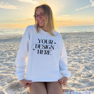 Gildan 18000 White Mockup, Beach Outdoor Mockup, Outdoor Mockup, White Sweater mockup, 18000 White Mockup, Trendy Oversized Mockup