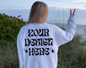 Back Mockup 18000 White, Beach Mockup Gildan 18000 White, Outdoor Mockup, White Sweater mockup, 18000 White Mockup, Trendy Oversized Mockup