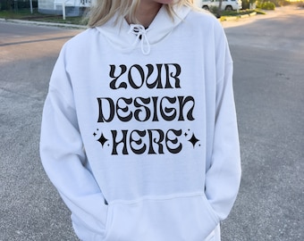 Gildan 18500 White Mockup, White Hoodie Mockup, Beach Outdoor Mockup, 18500 White Mockup, G18500 White Hoodie Mockup, Oversized Mockup
