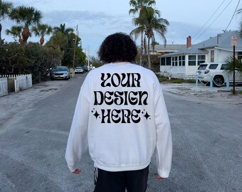 Back Mockup 18000 White, Beach Mockup Gildan 18000 White, Outdoor Mockup, White Sweater mockup, 18000 White Mockup, Trendy Oversized Mockup