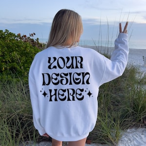 Back Mockup 18000 White, Beach Mockup Gildan 18000 White, Outdoor Mockup, White Sweater mockup, 18000 White Mockup, Trendy Oversized Mockup