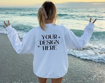 Back Mockup 18000 White, Beach Mockup Gildan 18000 White, Outdoor Mockup, White Sweater mockup, 18000 White Mockup, Trendy Oversized Mockup