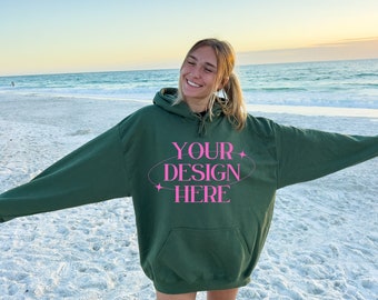 Military Green 18500 Mockup, Outdoor Beach Mockup, Oversized Hoodie Mockup, 18500 Military Green Mockup, Trendy Mockup, G18500 Mockup