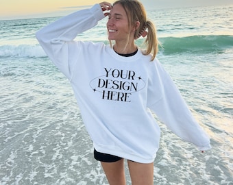 Mockup Gildan 18000 White, Beach Outdoor Mockup, Outdoor Mockup, White Sweater mockup, 18000 White Mockup, Trendy Oversized Mockup