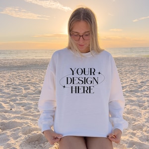 Gildan 18000 White Mockup, Beach Outdoor Mockup, Outdoor Mockup, White Sweater mockup, 18000 White Mockup, Trendy Oversized Mockup