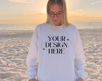 Gildan 18000 White Mockup, Beach Outdoor Mockup, Outdoor Mockup, White Sweater mockup, 18000 White Mockup, Trendy Oversized Mockup