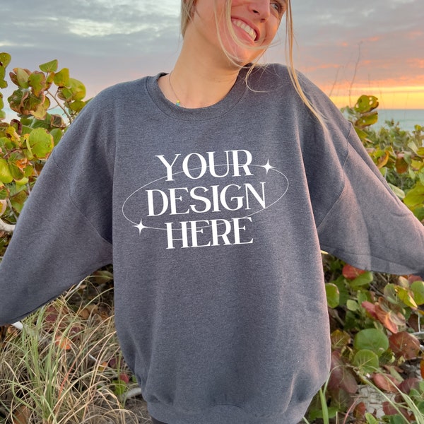 Gildan 18000 Dark Heather Gray Mockup, Beach Mockup, Outdoor Mockup, Dark Gray Sweater mockup, 18000 Dark Heather, Trendy Oversized Mockup