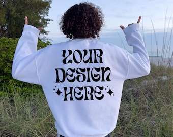 Back Mockup 18000 White, Beach Mockup Gildan 18000 White, Outdoor Mockup, White Sweater mockup, 18000 White Mockup, Trendy Oversized Mockup