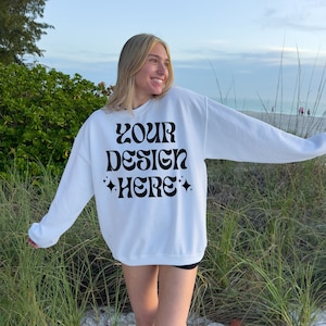 Gildan 18000 White Mockup, Beach Outdoor Mockup, Outdoor Mockup, White Sweater mockup, 18000 White Mockup, Trendy Oversized Mockup