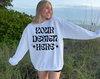 Gildan 18000 White Mockup, Beach Outdoor Mockup, Outdoor Mockup, White Sweater mockup, 18000 White Mockup, Trendy Oversized Mockup