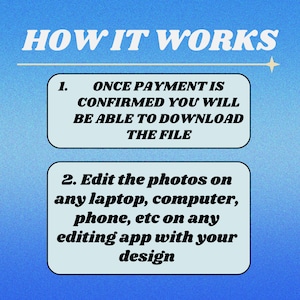 May include: A blue and white illustration with the text "HOW IT WORKS" at the top.  The illustration explains how to download and edit digital photos.  Step 1: Once payment is confirmed, you will be able to download the file. Step 2: Edit the photos on any laptop, computer, phone, etc. on any editing app with your design.