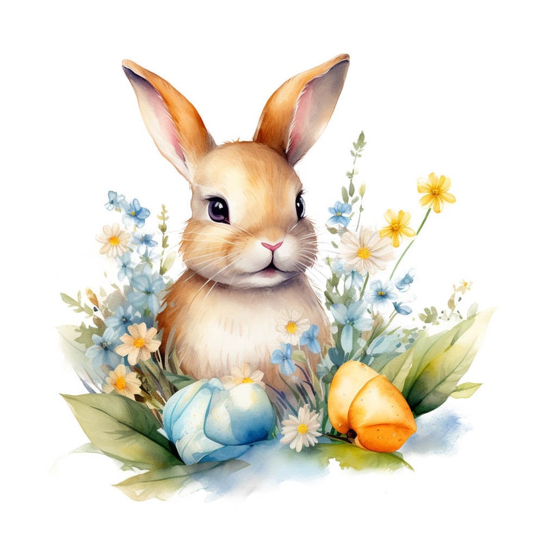 Easter Clipart, Easter Watercolor Clipart, Easter Bunny, Birds, Bunnies and Flowers Watercolor