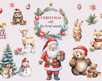 Christmas clipart with forest animals, watercolor clipart, Christmas PNG, cute animals Christmas