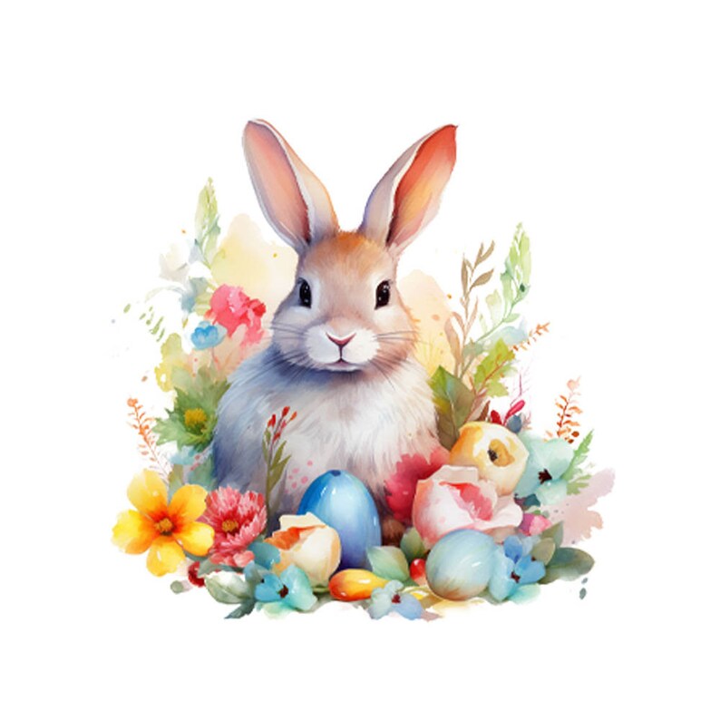 Easter clipart, Birds rabbits and flowers watercolor Clipart, Easter Watercolor clipart, Easter Bunny, , PNG image 3