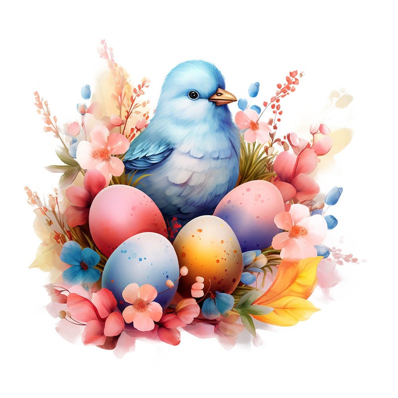 Easter clipart, Birds rabbits and flowers watercolor Clipart, Easter Watercolor clipart, Easter Bunny, , PNG image 6