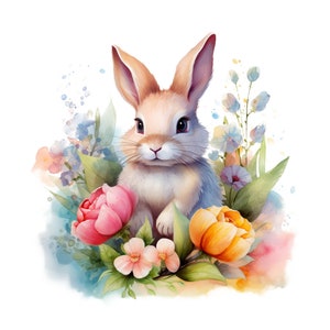 Easter clipart, Birds rabbits and flowers watercolor Clipart, Easter Watercolor clipart, Easter Bunny, , PNG image 4