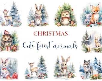 Christmas clipart with forest animals, watercolor clipart, Christmas PNG, cute animals Christmas
