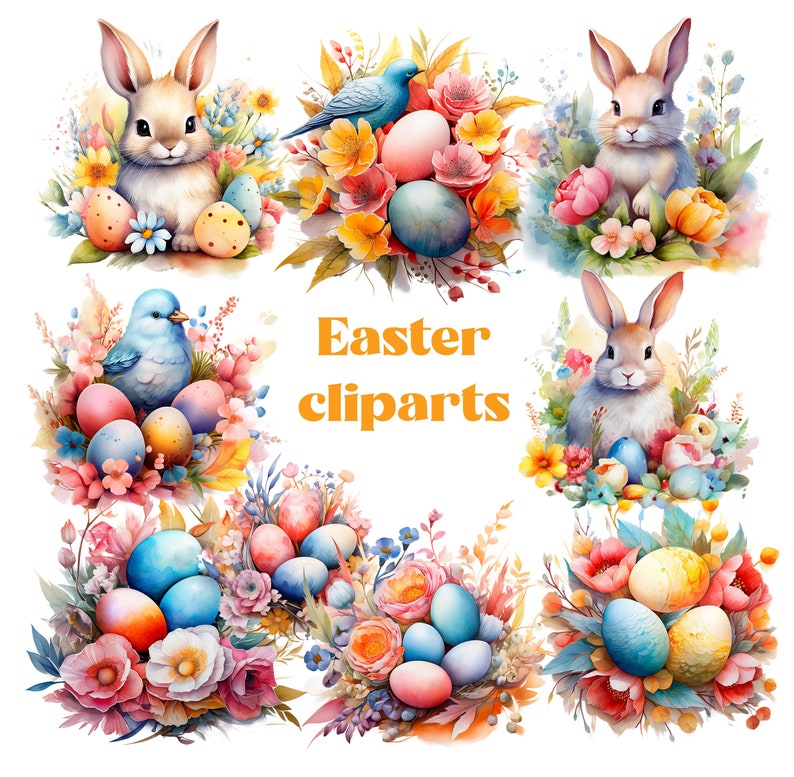 Easter clipart, Birds rabbits and flowers watercolor Clipart, Easter Watercolor clipart, Easter Bunny, , PNG image 1