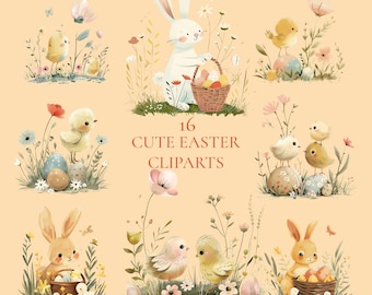Easter clipart, Watercolor chicks and bunnies Clipart, Easter Watercolor clipart, Easter Bunny and chicks , PNG